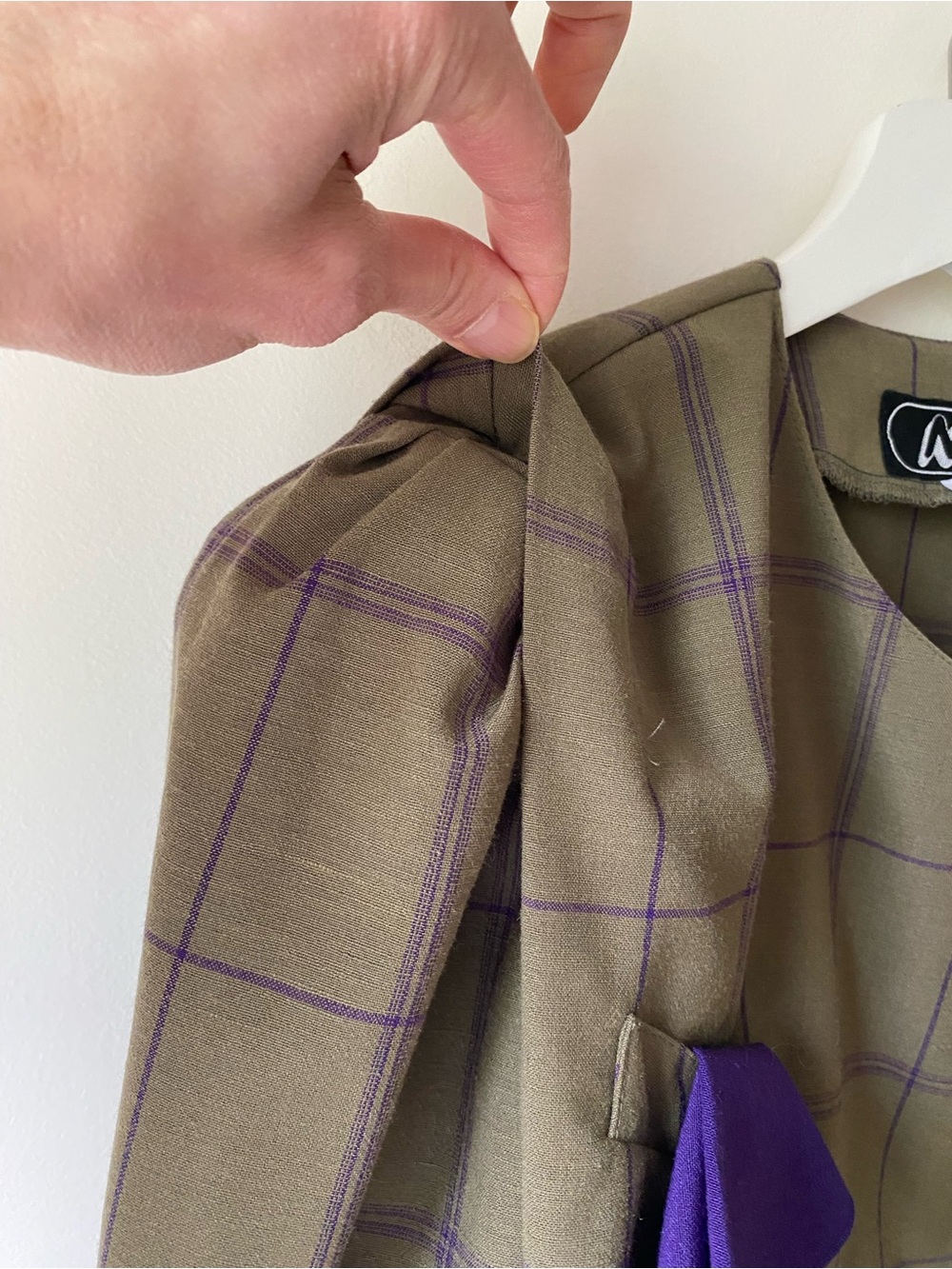 Wool blend Moss green with purple check peplum blazer - Picture 8 of 16